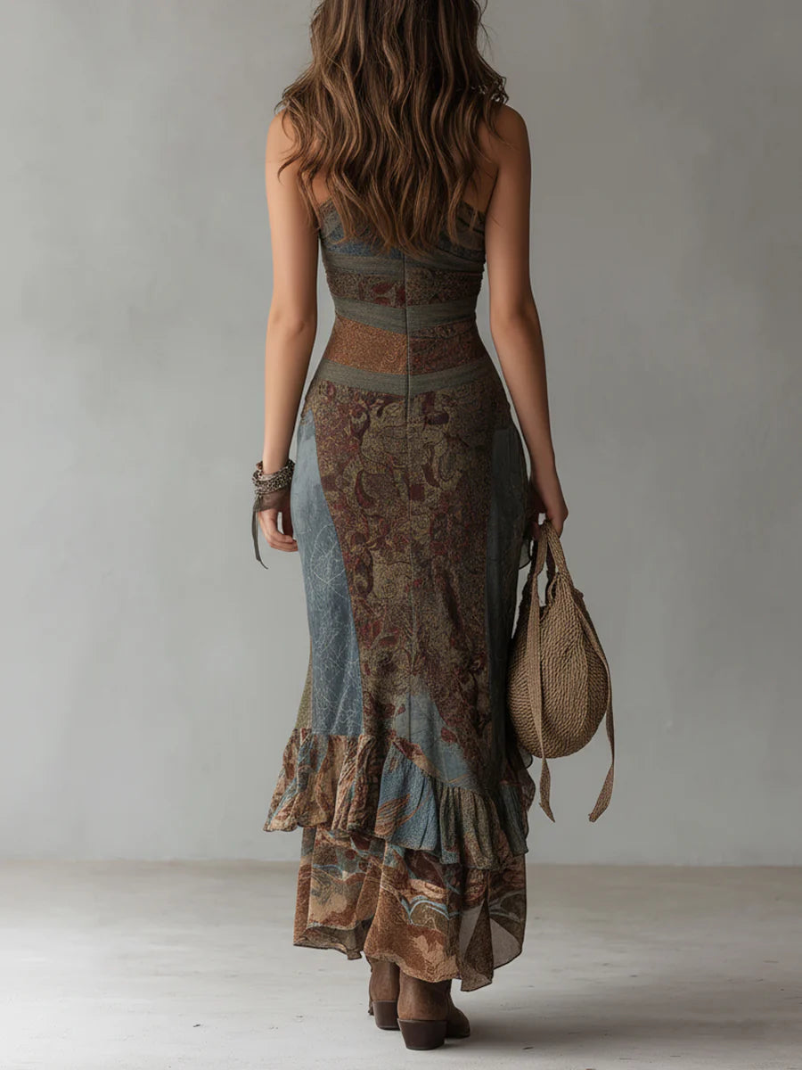 CARINA | Vestido largo asimétrico étnico con abertura alta