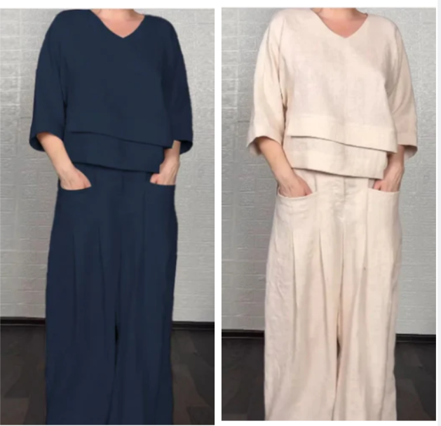 Conjunto bipiece lino y algodón — Top cuello V + Pantalón wide leg