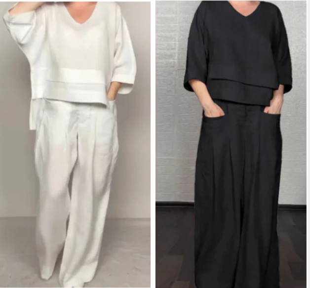 Conjunto bipiece lino y algodón — Top cuello V + Pantalón wide leg