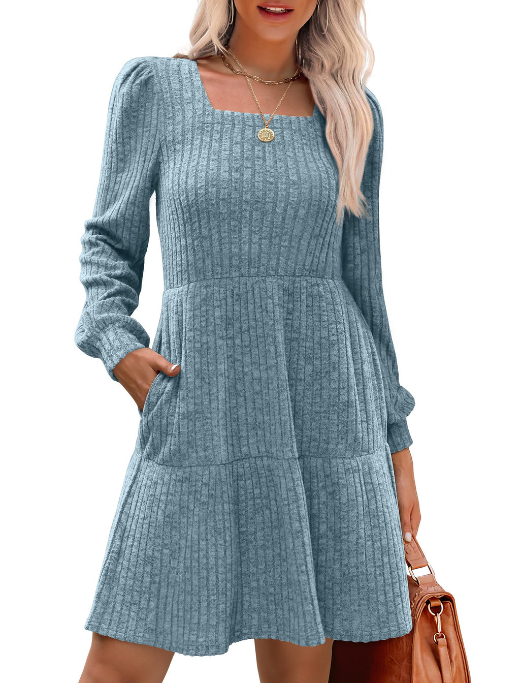 SIENA | Vestido Acanalado Escote Cuadrado & Mangas Farol