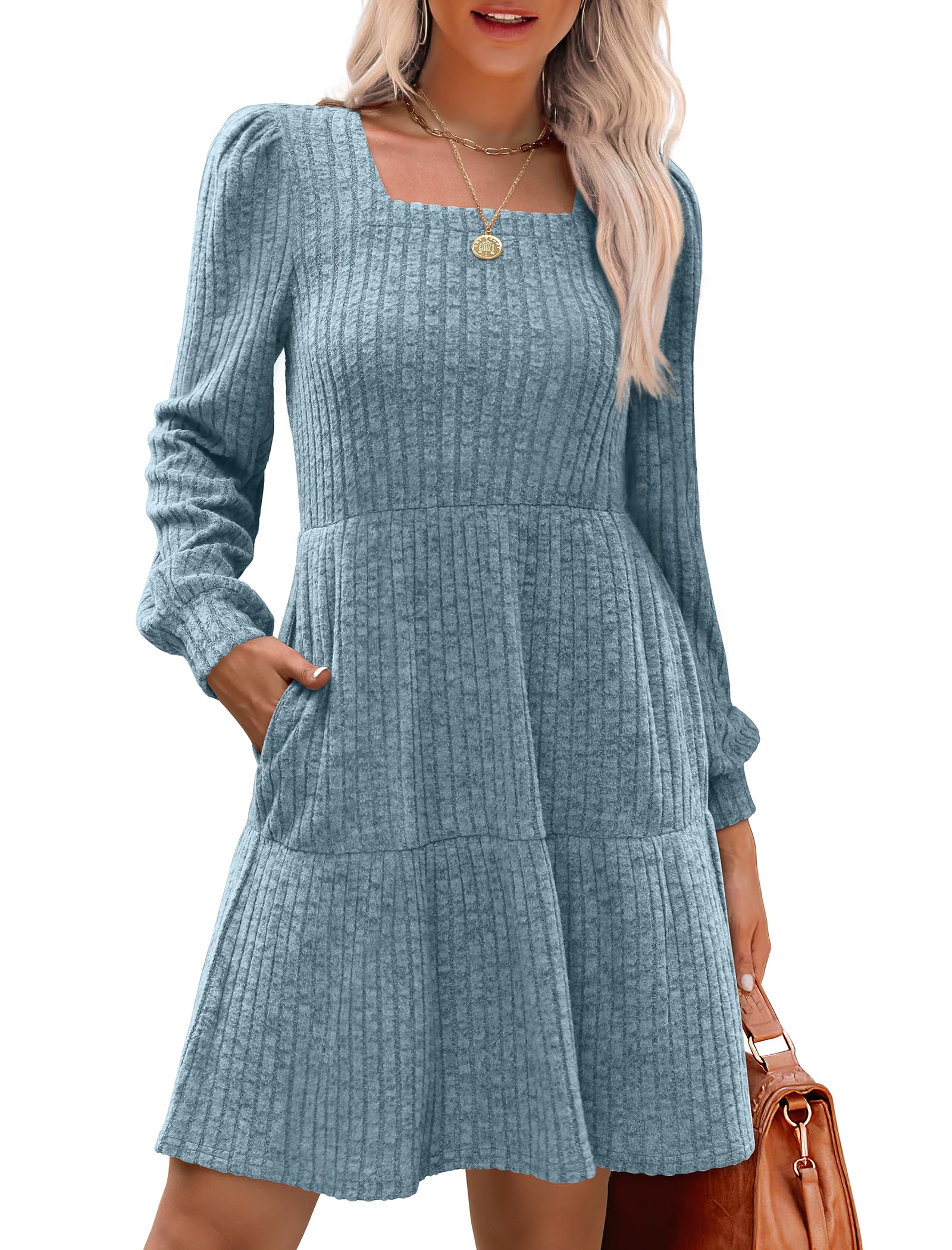 SIENA | Vestido Acanalado Escote Cuadrado & Mangas Farol