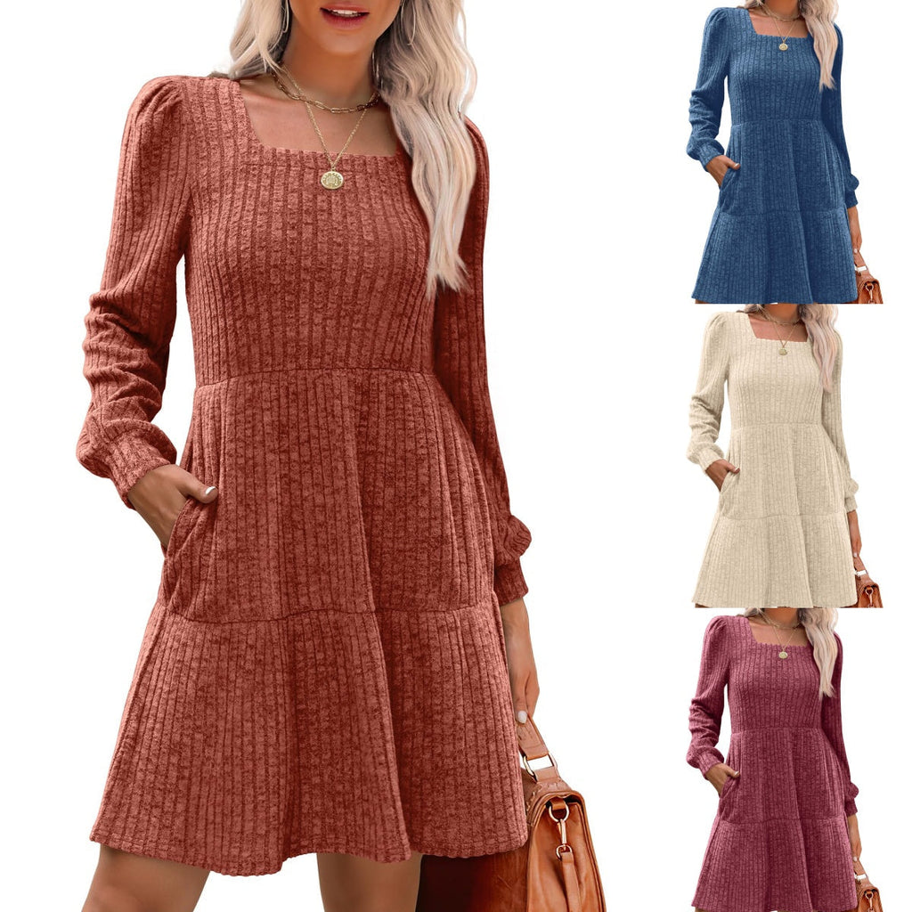 SIENA | Vestido Acanalado Escote Cuadrado & Mangas Farol