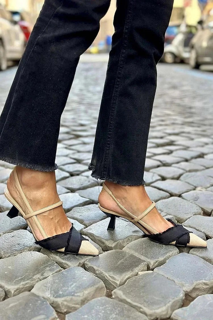 ELISE™ | Zapatos de tacón bajo con lazo negro y puntera beige