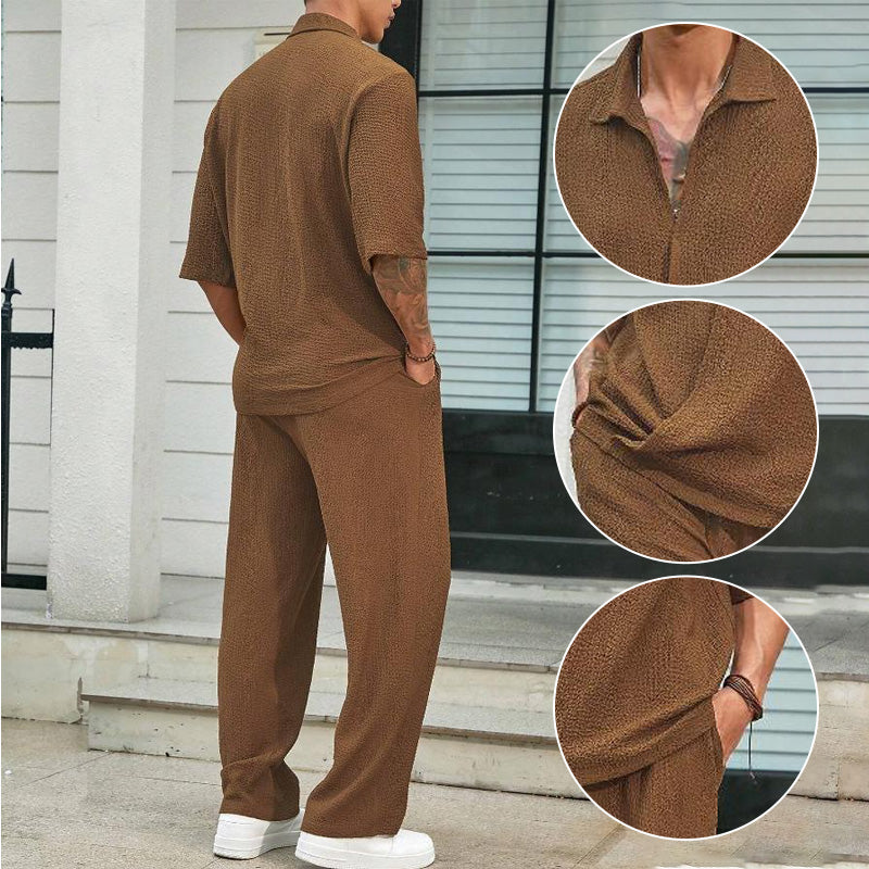 Set de 2 piezas para hombre – top de manga corta con cuello en V y pantalón