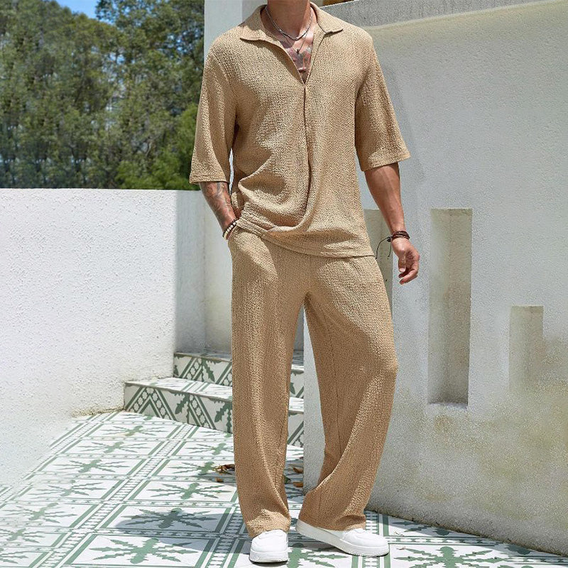 Set de 2 piezas para hombre – top de manga corta con cuello en V y pantalón