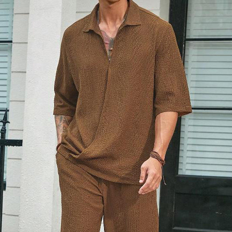 Set de 2 piezas para hombre – top de manga corta con cuello en V y pantalón