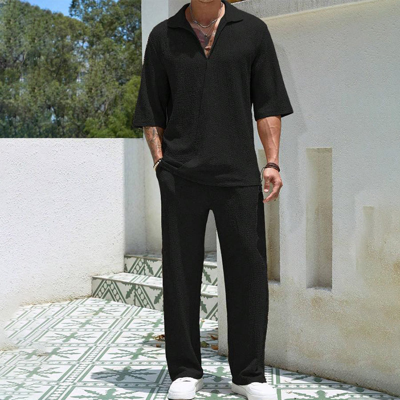 Set de 2 piezas para hombre – top de manga corta con cuello en V y pantalón
