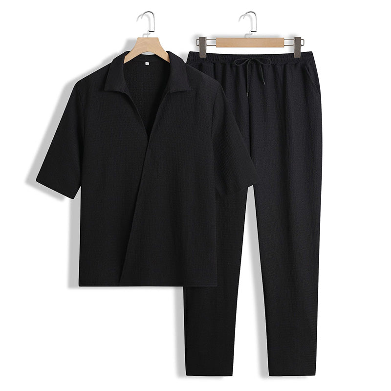 Set de 2 piezas para hombre – top de manga corta con cuello en V y pantalón