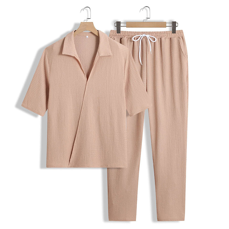 Set de 2 piezas para hombre – top de manga corta con cuello en V y pantalón