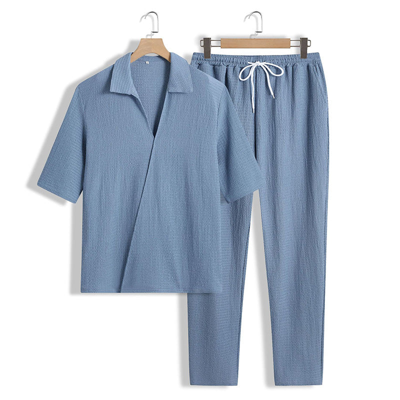 Set de 2 piezas para hombre – top de manga corta con cuello en V y pantalón