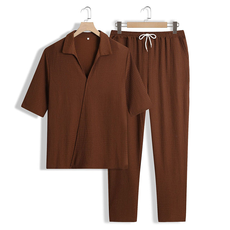 Set de 2 piezas para hombre – top de manga corta con cuello en V y pantalón
