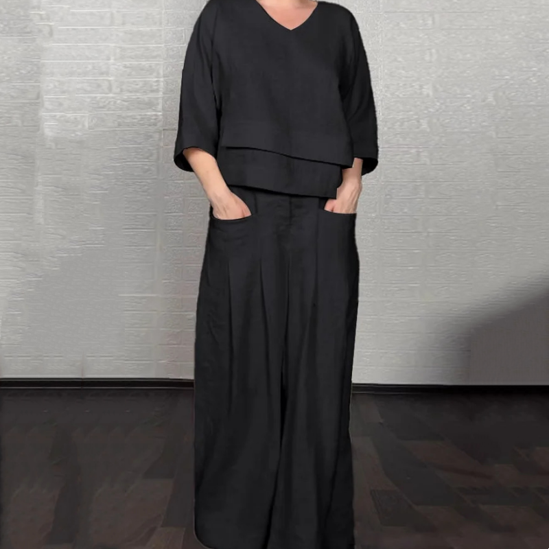 Conjunto bipiece lino y algodón — Top cuello V + Pantalón wide leg