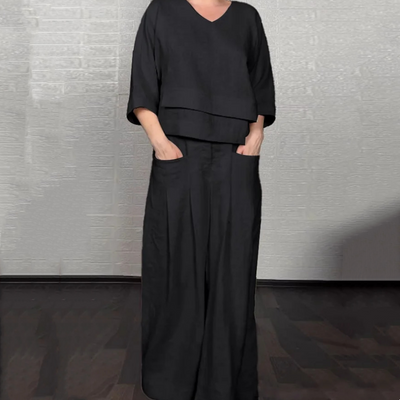 Conjunto bipiece lino y algodón — Top cuello V + Pantalón wide leg