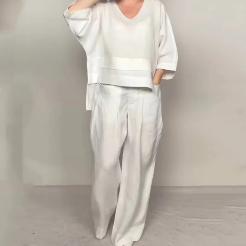 Conjunto bipiece lino y algodón — Top cuello V + Pantalón wide leg