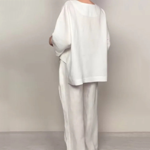 Conjunto bipiece lino y algodón — Top cuello V + Pantalón wide leg