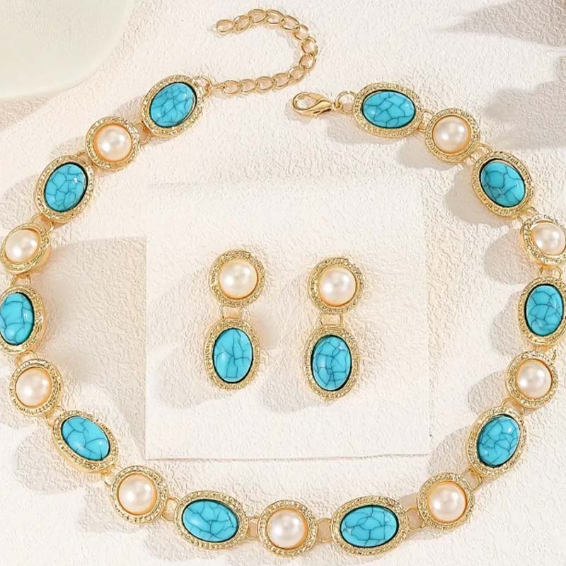 Set de pendientes de botón retro y collar para mujer