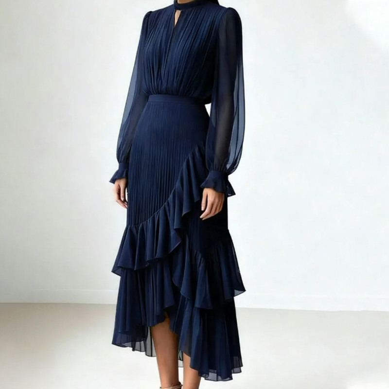 NEVA | Vestido Midi Plisado con Escote Keyhole