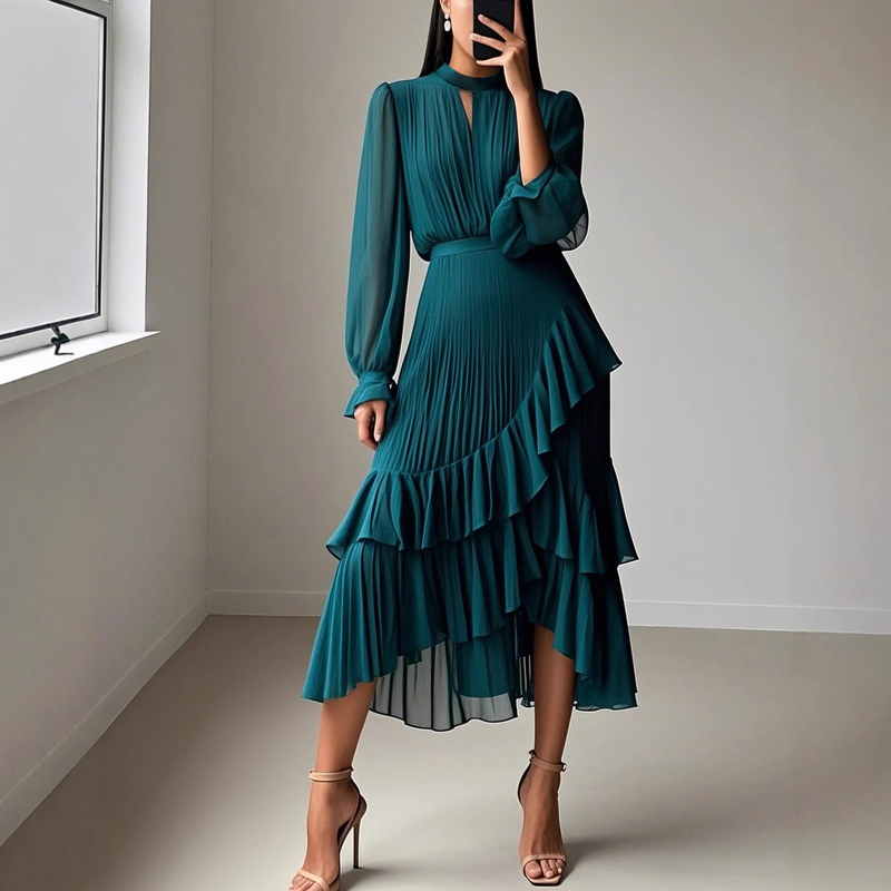 NEVA | Vestido Midi Plisado con Escote Keyhole