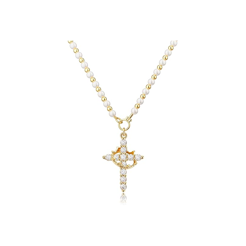 Collar de perlas de dos capas con colgante de cruz – Diseño vintage y minimalista